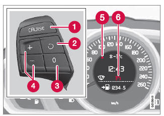 Volvo V40. Tempomat* - Eingestellte Geschwindigkeit wiederaufnehmen