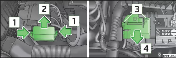 Abb. 124 Fahrzeugbatterie: Abdeckung des Sicherungskastens (Variante 1)